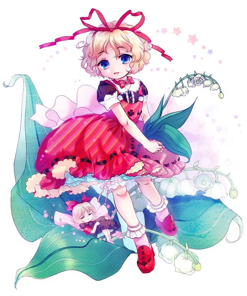 Anime picture 975x1168 with touhou medicine melancholy su-san amo tall image looking at viewer short hair open mouth blue eyes blonde hair white background multiple girls fantasy minigirl fairy girl dress flower (flowers) bow ribbon (ribbons)