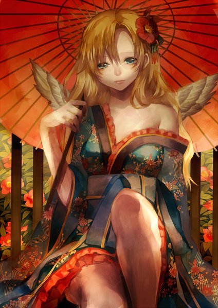Anime picture 583x825 with original tsukioka tsukiho single long hair tall image looking at viewer blue eyes light erotic blonde hair sitting bare shoulders traditional clothes japanese clothes hair flower floral print girl hair ornament flower (flowers) wings kimono