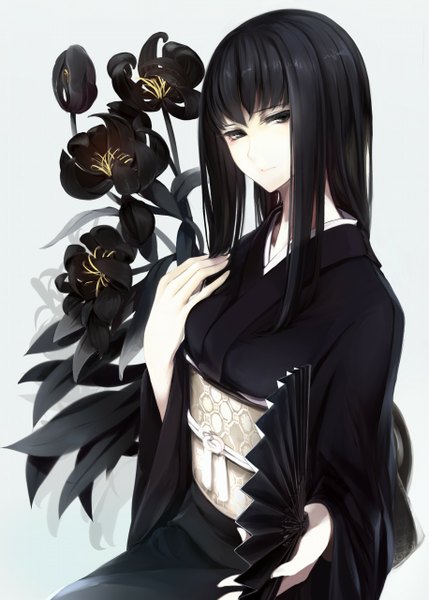 Anime picture 915x1280 with original erise long hair tall image looking at viewer black hair simple background smile traditional clothes japanese clothes black eyes pale skin girl flower (flowers) kimono leaf (leaves) fan