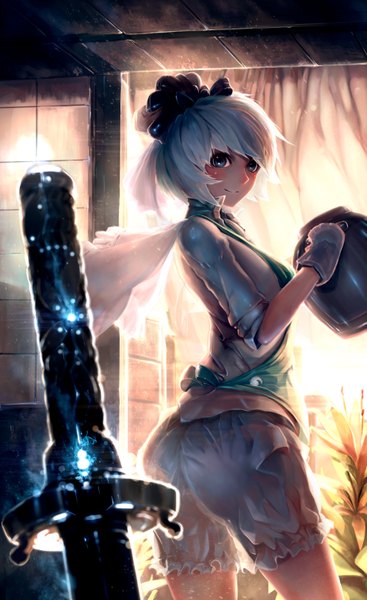 Anime picture 1850x3020 with touhou konpaku youmu janyhero single tall image looking at viewer blush fringe highres short hair blue eyes standing white hair light smile wind blurry arched back glowing weapon cooking girl