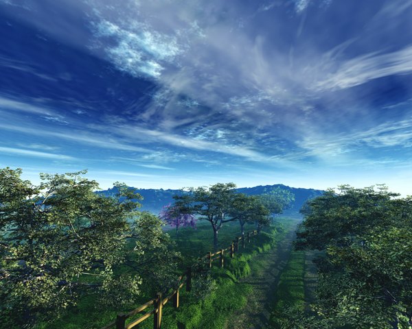Anime picture 1280x1024 with original trbrchdm sky cloud (clouds) horizon mountain no people landscape scenic plant (plants) tree (trees) fence road