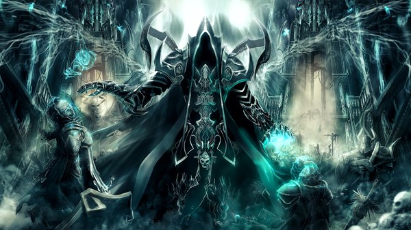 Anime picture 2000x1125 with diablo (game) blizzard entertainment arist0te highres wide image torn clothes dark background no face power boy gloves armor hood skull monster claws