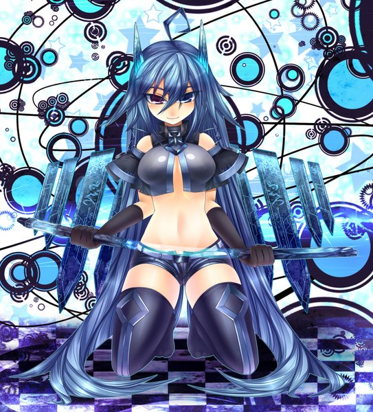 Anime picture 1448x1600 with original mamuru single long hair tall image highres blue eyes smile red eyes holding blue hair ahoge very long hair no shoes zettai ryouiki heterochromia kneeling blue background checkered floor checkered