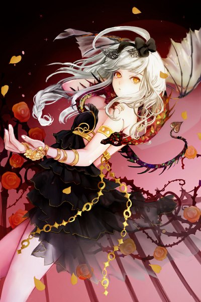 Anime picture 740x1110 with devil maker ggoorri single long hair tall image fringe standing bare shoulders holding yellow eyes white hair wind outstretched arm bare back fantasy girl dress hair ornament flower (flowers) animal