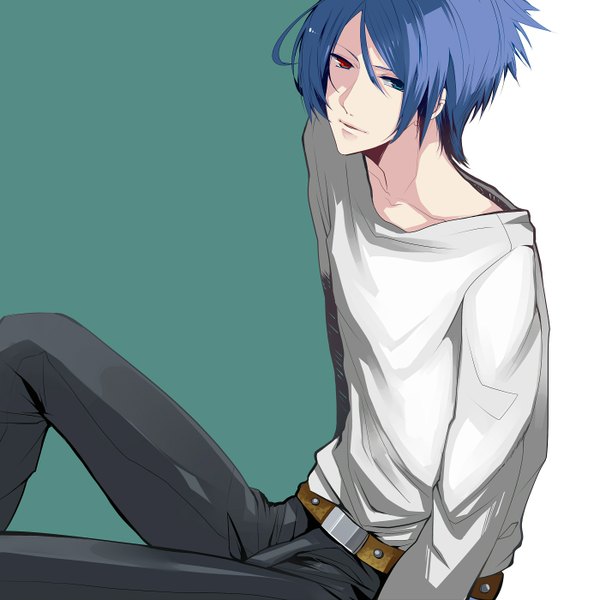 Anime picture 1399x1400 with katekyou hitman reborn rokudo mukuro shoppai (artist) short hair simple background sitting blue hair heterochromia boy belt pants