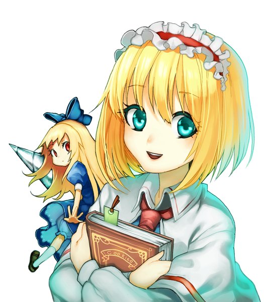 Anime picture 1080x1233 with touhou alice margatroid shanghai wadani hitonori single long hair tall image fringe short hair open mouth blonde hair simple background hair between eyes red eyes white background holding aqua eyes from above girl bow
