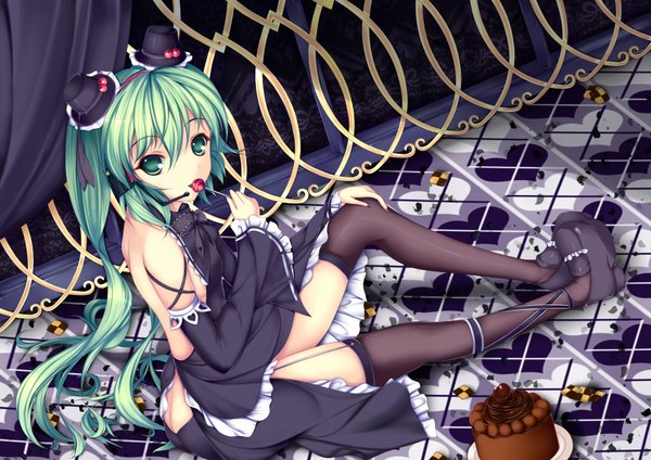 Anime picture 3507x2480 with vocaloid hatsune miku nanahosi seiiki (artist) single long hair highres light erotic sitting twintails bare shoulders green eyes absurdres green hair girl thighhighs black thighhighs hat detached sleeves food sweets