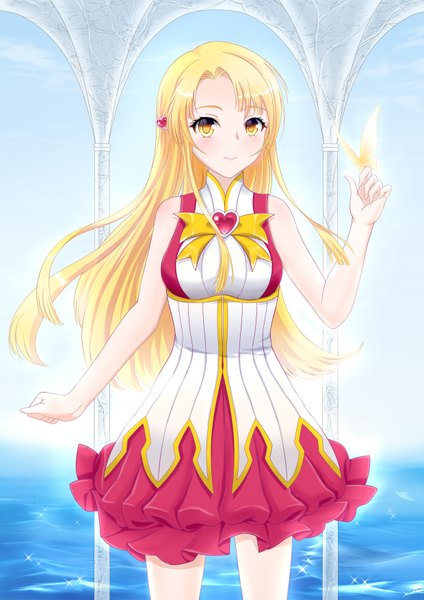 Anime picture 1240x1753 with original tipyhoho single long hair tall image blush blonde hair smile yellow eyes butterfly on hand girl dress insect butterfly
