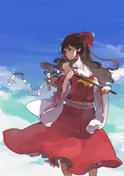 Anime picture 1748x2480 with touhou hakurei reimu manabi (artist) single long hair tall image highres brown hair sky pink eyes wind girl bow hair bow detached sleeves