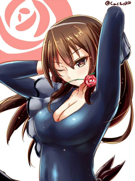 Anime picture 600x800 with kantai collection tagme (character) saboten teishoku single long hair tall image looking at viewer breasts light erotic brown hair brown eyes one eye closed wink girl flower (flowers) rose (roses)
