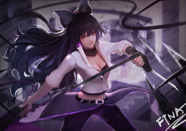 Anime picture 2000x1414 with rwby rooster teeth blake belladonna ftna single long hair looking at viewer fringe highres breasts black hair smile hair between eyes standing holding signed yellow eyes payot cleavage purple hair