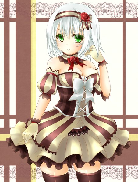 Anime picture 1158x1531 with original miko (royal milk) single tall image short hair breasts green eyes white hair zettai ryouiki girl thighhighs dress gloves black thighhighs frills hairband