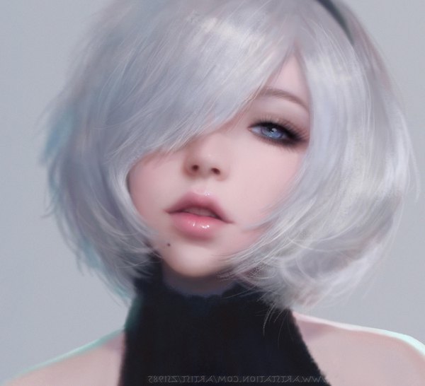 Anime picture 1000x910 with nier nier:automata yorha no. 2 type b ruoxin zhang single looking at viewer fringe short hair blue eyes simple background silver hair parted lips lips hair over one eye mole lipstick portrait eyeshadow mole under mouth girl