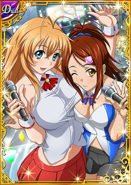 Anime picture 567x800 with ikkitousen sonsaku hakufu bachou mouki long hair tall image looking at viewer fringe breasts open mouth light erotic blonde hair smile hair between eyes brown hair large breasts standing bare shoulders multiple girls holding green eyes