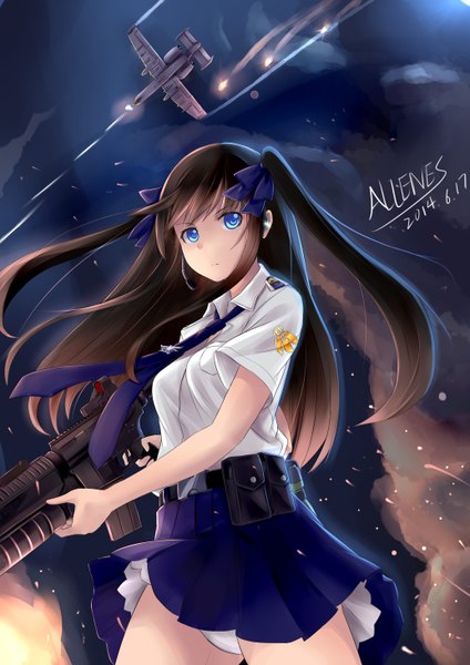 Anime picture 4133x5846 with original allenes single long hair tall image looking at viewer highres blue eyes light erotic black hair absurdres pantyshot girl skirt underwear panties bow weapon hair bow shirt