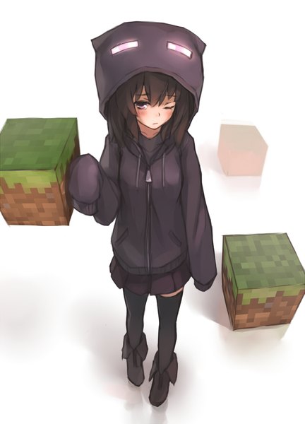 Anime picture 800x1111 with minecraft enderman xiao qiang (overseas) single tall image looking at viewer blush fringe short hair black hair simple background hair between eyes standing white background purple eyes full body long sleeves one eye closed arm up from above