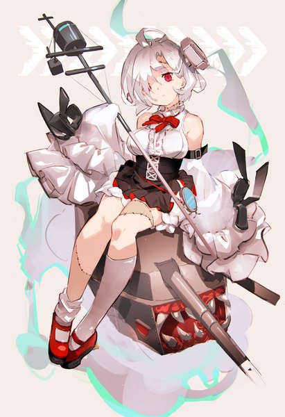 Anime picture 1000x1457 with azur lane terror (azur lane) so-bin single tall image looking at viewer fringe short hair simple background red eyes white background sitting bare shoulders holding ahoge white hair head tilt hair over one eye wide sleeves teeth