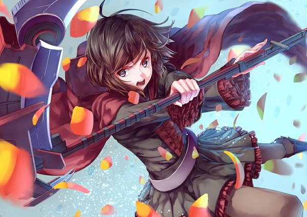 Anime picture 1000x707 with rwby rooster teeth ruby rose touboku single looking at viewer short hair open mouth black hair black eyes girl dress weapon petals cape scythe