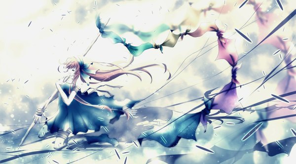 Anime picture 1500x833 with vocaloid megurine luka aonoe single long hair fringe wide image pink hair cloud (clouds) eyes closed alternate costume kneeling girl hair ornament boots thigh boots bandage (bandages) sundress