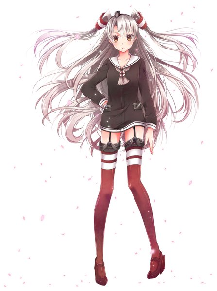 Anime picture 1017x1365 with kantai collection amatsukaze destroyer hatogoya popo single long hair tall image looking at viewer blush white background brown eyes silver hair two side up girl thighhighs hat hair tubes sailor suit mini hat mini top hat