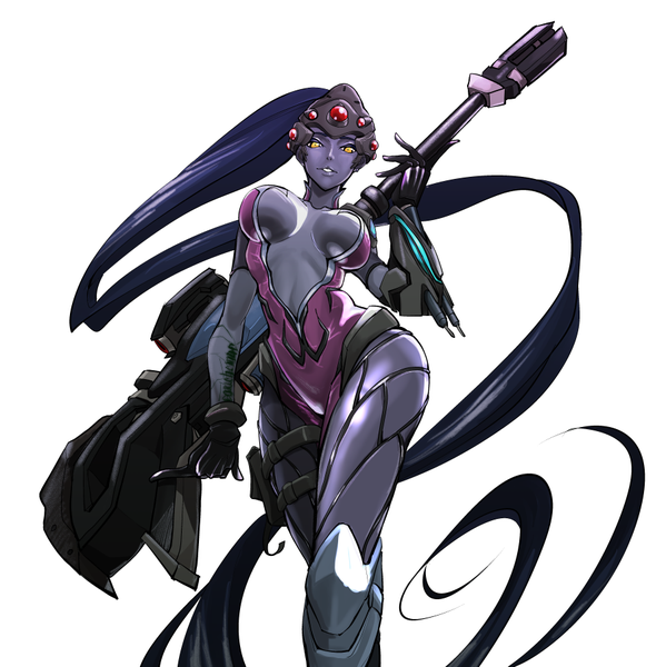 Anime picture 904x906 with overwatch blizzard entertainment widowmaker (overwatch) puntaa single tall image breasts light erotic simple background standing white background holding yellow eyes cleavage purple hair ponytail very long hair parted lips from below thighs
