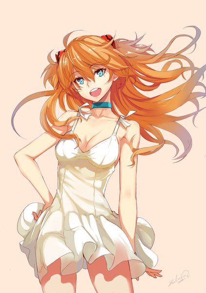 Anime picture 961x1364 with neon genesis evangelion gainax soryu asuka langley shikinami asuka langley realmbw single long hair tall image looking at viewer open mouth blue eyes simple background signed ahoge wind orange hair hand on hip orange background girl dress