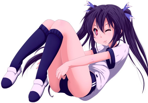 Anime picture 4599x3200 with choujigen game neptune noire hyugasosby single long hair highres light erotic smile twintails absurdres purple hair one eye closed pink eyes wink coloring transparent background girl uniform socks knee socks