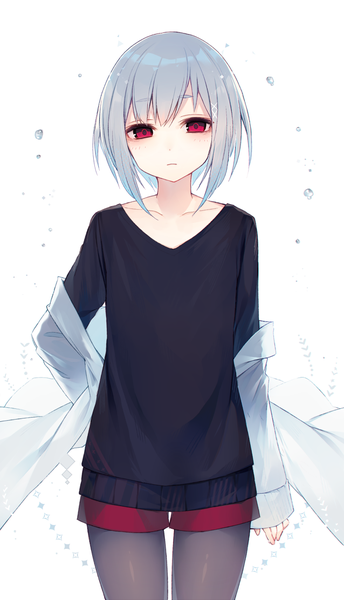 Anime picture 638x1111 with original muryotaro single tall image looking at viewer fringe short hair simple background hair between eyes red eyes standing white background blue hair long sleeves flat chest arm behind back frown girl pantyhose shorts