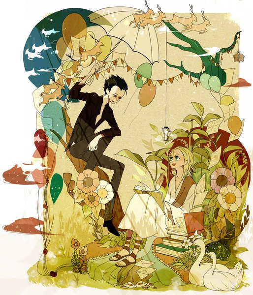 Anime picture 1800x2100 with sunaya (artist) tall image highres black hair blonde hair smile green eyes open clothes open shirt couple girl boy flower (flowers) plant (plants) animal book (books) umbrella pants paper sandals