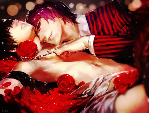 Anime picture 2048x1556 with tokyo ghoul studio pierrot kaneki ken tsukiyama shuu irust fringe highres short hair light erotic black hair red eyes purple hair lying eyes closed light smile lips multiple boys on back shounen ai black sclera