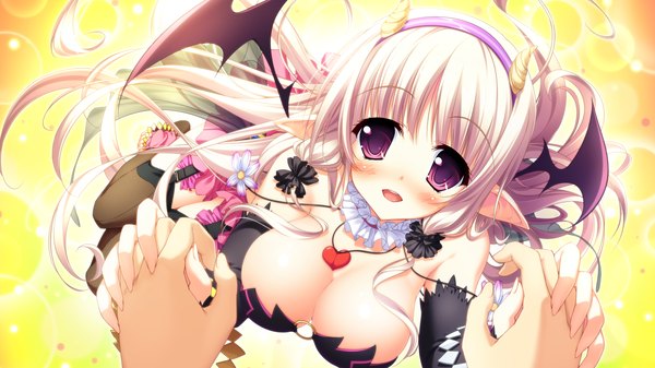 Anime picture 1280x720 with magical marriage lunatics!! yuria rin road yamakaze ran long hair blush breasts open mouth light erotic wide image large breasts purple eyes game cg cleavage white hair horn (horns) pointy ears girl thighhighs black thighhighs