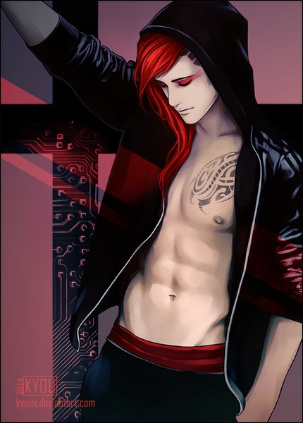 Anime picture 716x1000 with original kyoux (artist) single long hair tall image red hair eyes closed open clothes open jacket tattoo eyeshadow boy navel jacket hood