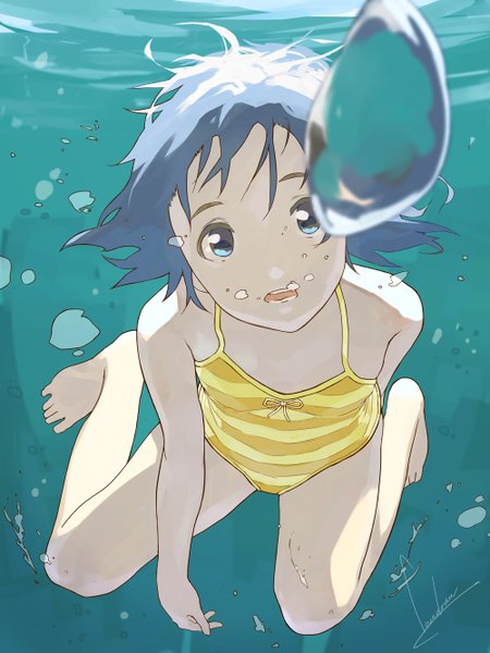 Anime picture 1000x1334 with original loundraw single tall image looking at viewer short hair open mouth blue eyes bare shoulders signed blue hair barefoot teeth striped underwater girl swimsuit water one-piece swimsuit bubble (bubbles)