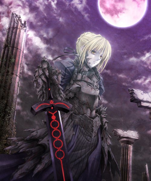 Anime picture 1000x1200 with fate (series) fate/stay night studio deen type-moon artoria pendragon (all) saber saber alter araki maki single tall image short hair blonde hair yellow eyes cloud (clouds) red moon girl dress weapon sword armor