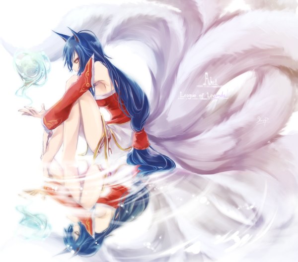 Anime picture 1200x1058 with league of legends ahri (league of legends) kakip (pixiv id5488229) single long hair highres breasts sitting animal ears yellow eyes blue hair tail traditional clothes japanese clothes animal tail fox ears magic fox tail fox girl reflection
