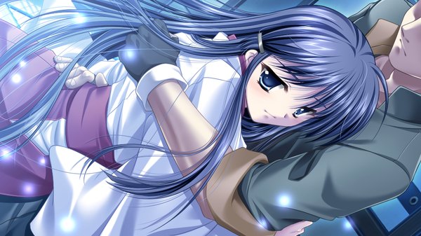 Anime picture 1024x576 with kurenai kagura long hair blue eyes wide image blue hair game cg hug girl
