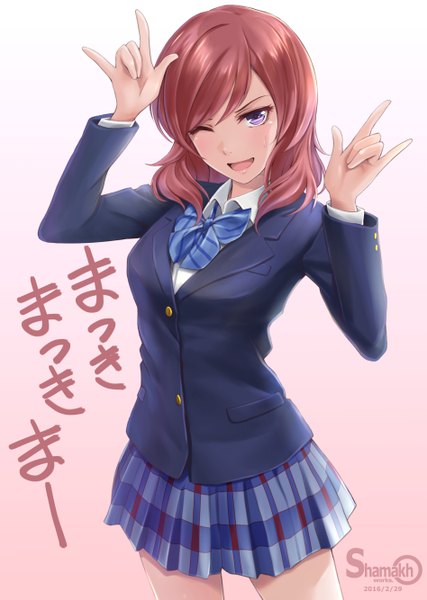 Anime picture 948x1333 with love live! school idol project sunrise (studio) love live! nishikino maki shamakho single long hair tall image looking at viewer blush fringe open mouth purple eyes signed red hair one eye closed from above wink character names gradient background