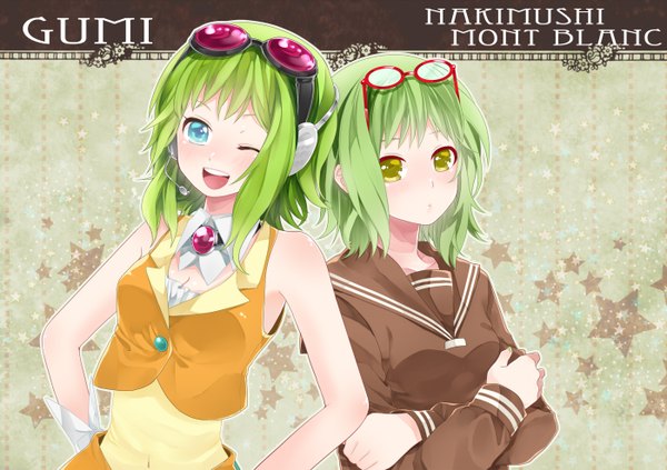 Anime picture 1400x988 with vocaloid gumi blue eyes green hair girl nakimushi mont blanc