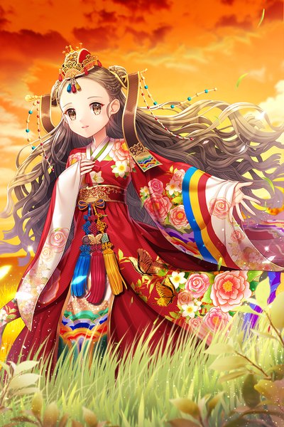 Anime picture 740x1110 with original saban single long hair tall image looking at viewer brown hair brown eyes sky cloud (clouds) traditional clothes evening sunset girl hair ornament flower (flowers) plant (plants) leaf (leaves) grass