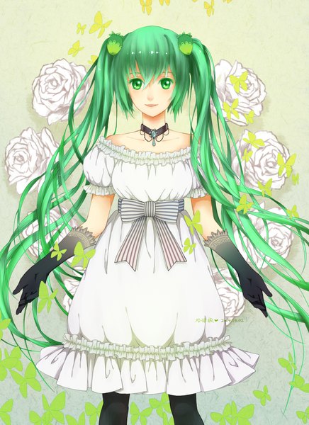 Anime picture 1476x2031 with vocaloid hatsune miku guliangdun single tall image looking at viewer twintails green eyes very long hair green hair girl dress gloves flower (flowers) black gloves insect butterfly