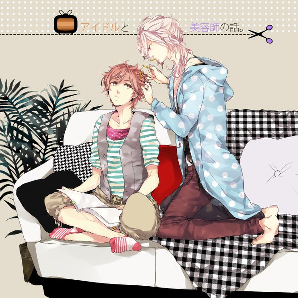 Anime picture 1300x1300 with brothers conflict idea factory asahina futo asahina louis long hair short hair brown hair sitting brown eyes pink hair pink eyes barefoot grey background multiple boys no shoes kneeling crossed legs striped polka dot plaid