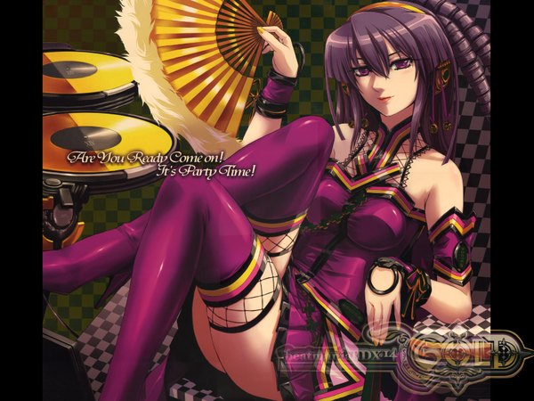 Anime picture 1600x1200 with beatmania hifumi highres purple hair thighhighs skirt fan
