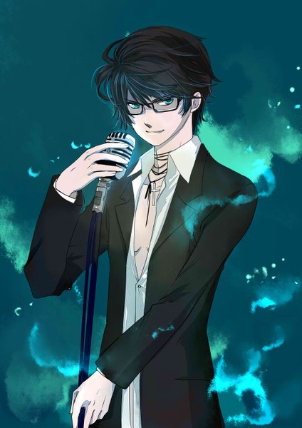 Anime picture 1000x1414 with vocaloid hiyama kiyoteru single tall image highres short hair blue eyes black hair boy glasses suit microphone stand