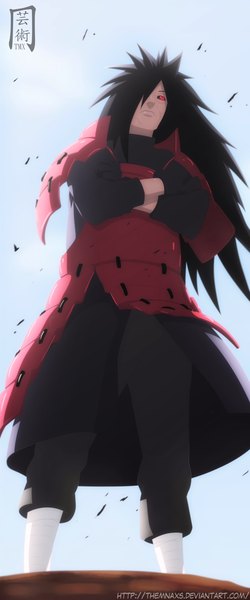 Anime picture 900x2161 with naruto studio pierrot naruto (series) uchiha madara themnaxs single long hair tall image fringe black hair red eyes sky cloud (clouds) hair over one eye from below coloring crossed arms sharingan boy gloves