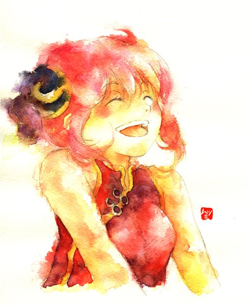 Anime picture 1200x1476 with gintama sunrise (studio) kagura (gintama) muttiy single tall image short hair simple background smile white background red hair eyes closed hair bun (hair buns) sleeveless chinese clothes traditional media watercolor (medium) girl chinese dress bun cover
