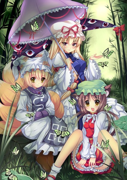Anime picture 1061x1500 with touhou yakumo yukari yakumo ran chen usagihime tall image blush blonde hair brown hair animal ears yellow eyes tail cat ears fox tail butterfly on hand girl bow ribbon (ribbons) hat insect