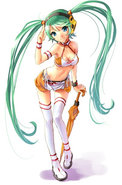 Anime picture 595x900 with vocaloid goodsmile racing hatsune miku racing miku racing miku (2010) katahira masashi single tall image looking at viewer blue eyes simple background smile white background twintails cleavage very long hair aqua hair bare belly girl skirt