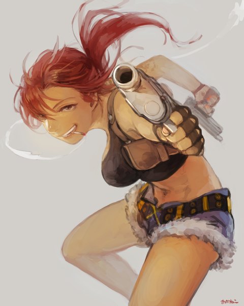 Anime picture 800x1000 with black lagoon madhouse revy (black lagoon) akaneko single long hair tall image fringe breasts red eyes holding signed bent knee (knees) red hair nail polish fingernails lips bare belly mouth hold smoke