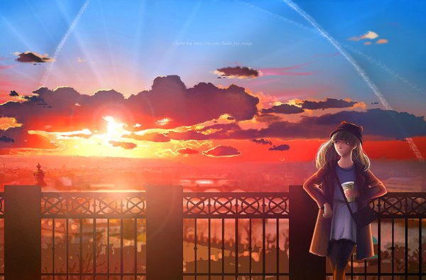 Anime picture 2000x1314 with original charlie ray single long hair fringe highres brown hair standing brown eyes sky cloud (clouds) sunlight open clothes open jacket city evening sunset cityscape sunbeam red sky