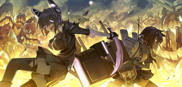 Anime picture 1875x900 with kantai collection tenryuu light cruiser furutaka heavy cruiser orda highres short hair open mouth brown hair wide image multiple girls holding purple hair bent knee (knees) profile pleated skirt teeth torn clothes glowing smoke glowing eye (eyes)